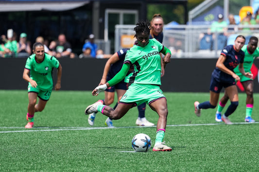 Aissata Traore takes a penalty kick for Boston Legacy against Bay FC on July 5 at Centreville Bank Stadium