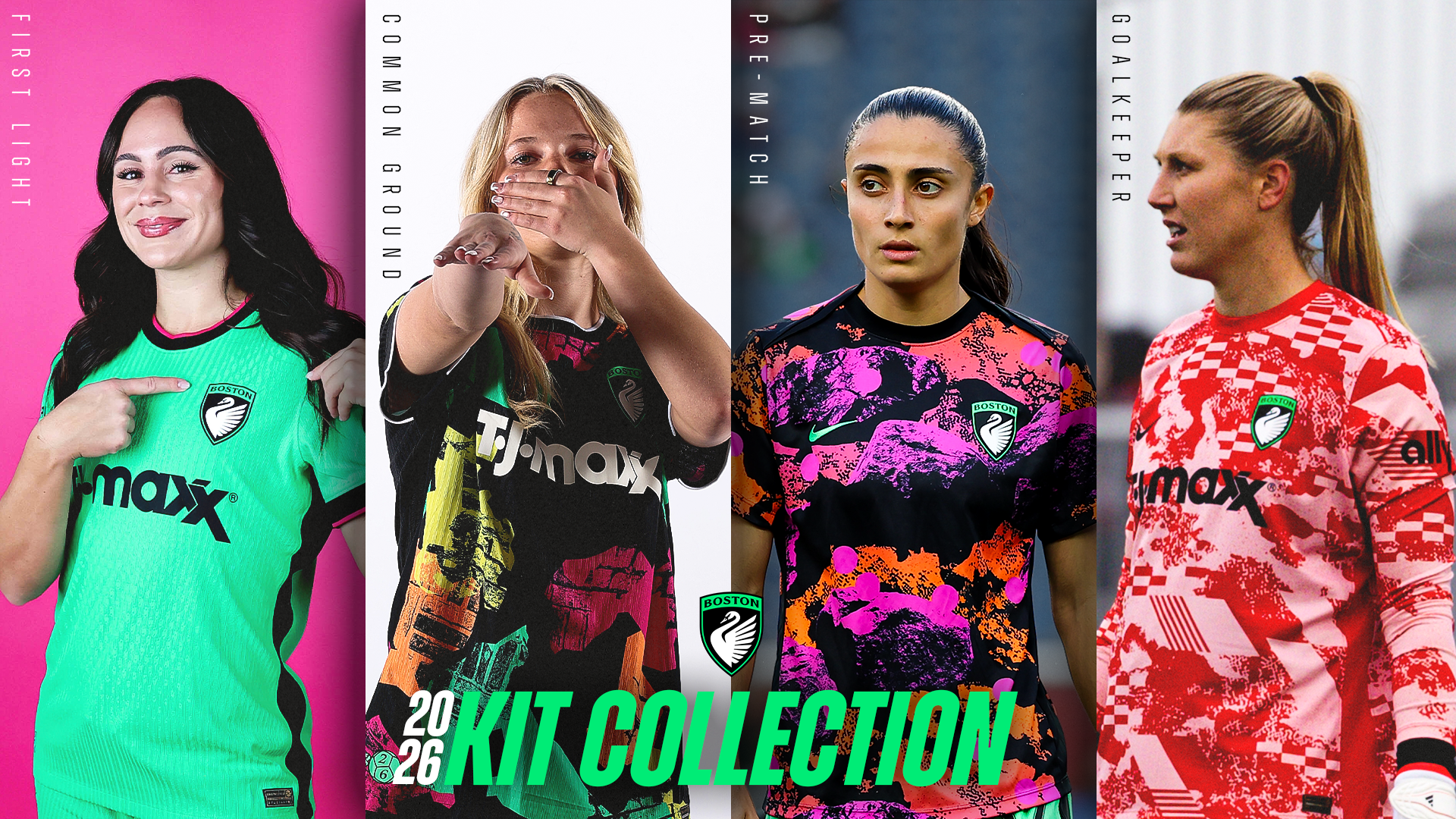 Four women wearing different sports kits with visible branding, set against a colorful background.