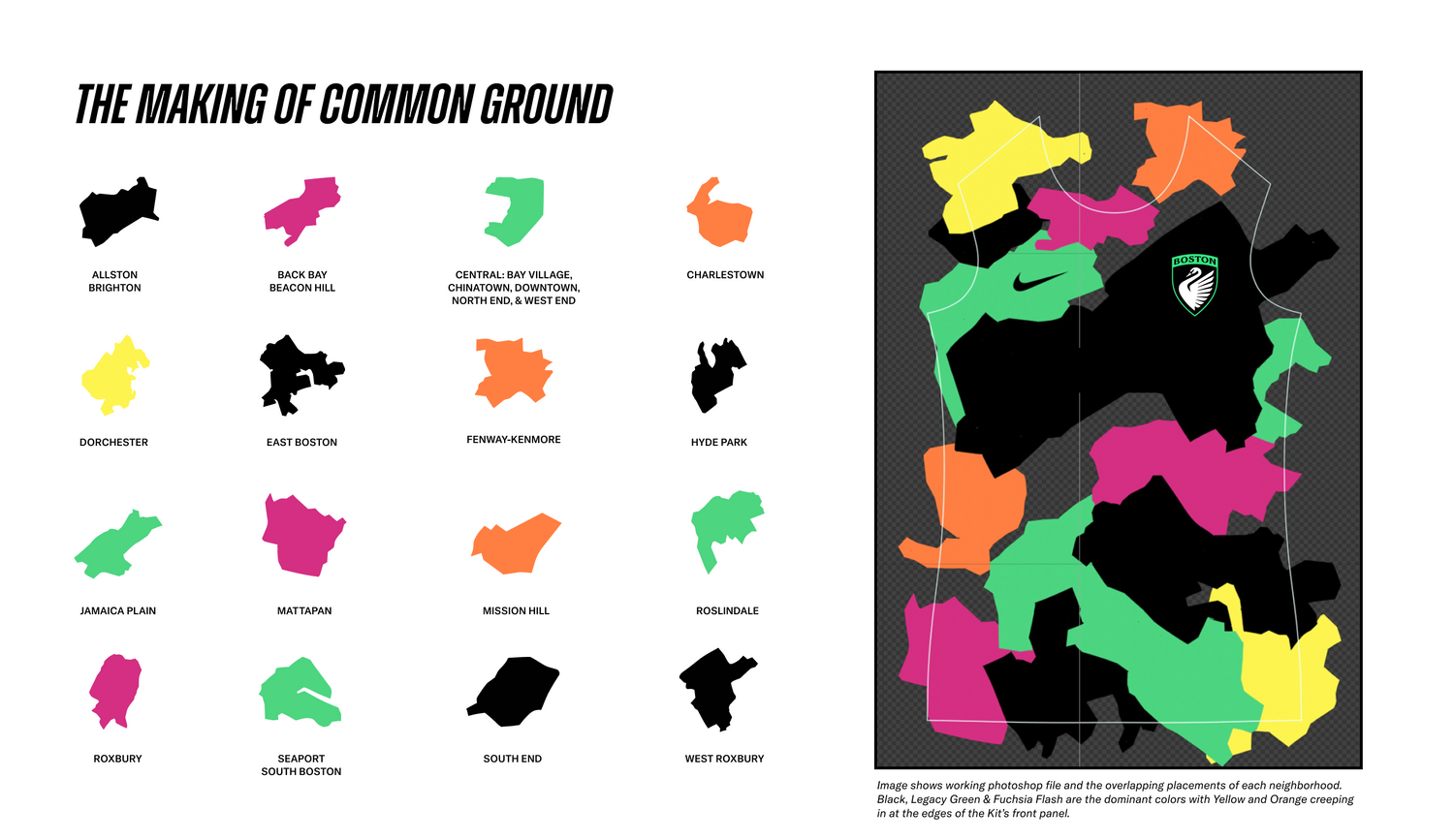 A design board titled “The Making of Common Ground” showing colored silhouette maps of Boston neighborhoods labeled individually, including Allston-Brighton, Back Bay/Beacon Hill, Central, Charlestown, Dorchester, East Boston, Fenway-Kenmore, Hyde Park, Jamaica Plain, Mattapan, Mission Hill, Roslindale, Roxbury, Seaport/South Boston, South End, and West Roxbury.

On the right, a composite mockup layers the neighborhood shapes together in black, green, pink, yellow, and orange, forming an abstract map
