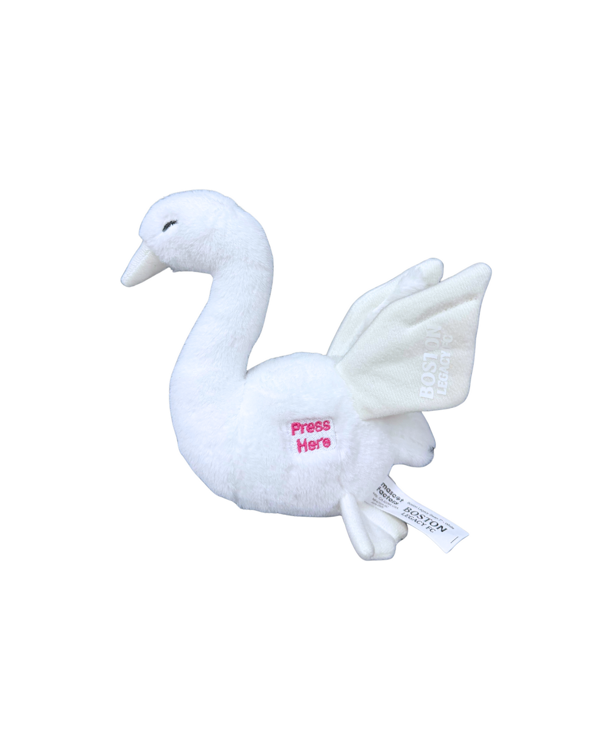 A white plush goose toy with a small red 'Press Here' label on its side and a white hang tag, shown against a plain white background.